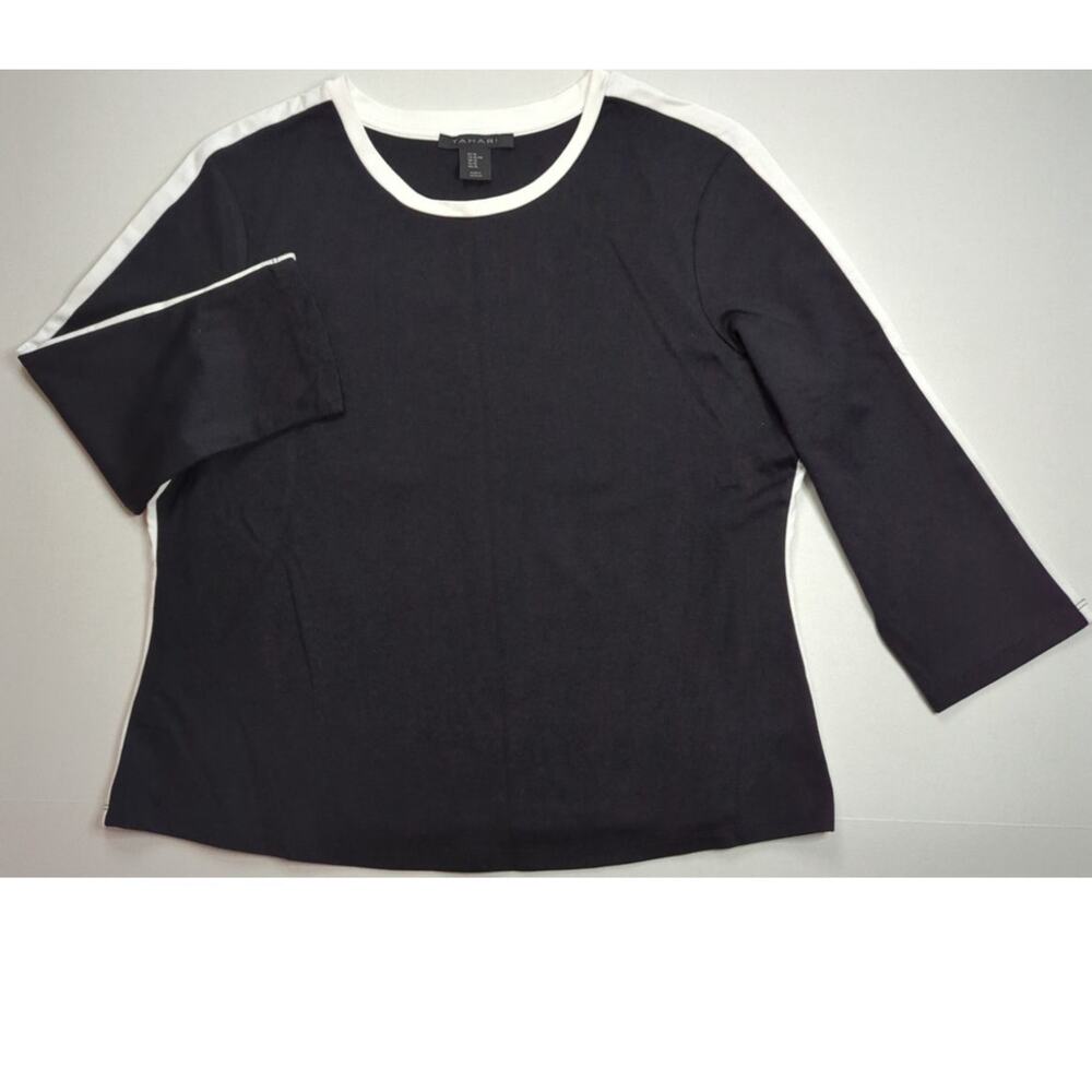 TAHARI Black w/ White Trim Piping 3/4 Sleeve Top Round Neck Women's size XL